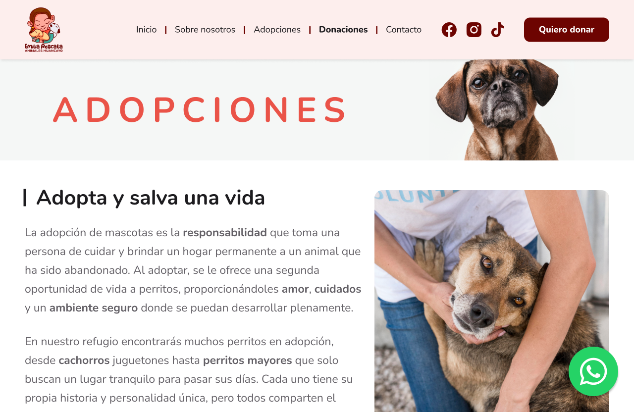 Página de adopciones de Emilia Rescata Animales Huancayo con encabezado de navegación, banner con la palabra «Adopciones» y foto de un perro, sección informativa sobre adopción responsable y una imagen de una persona abrazando a un perro rescatado.