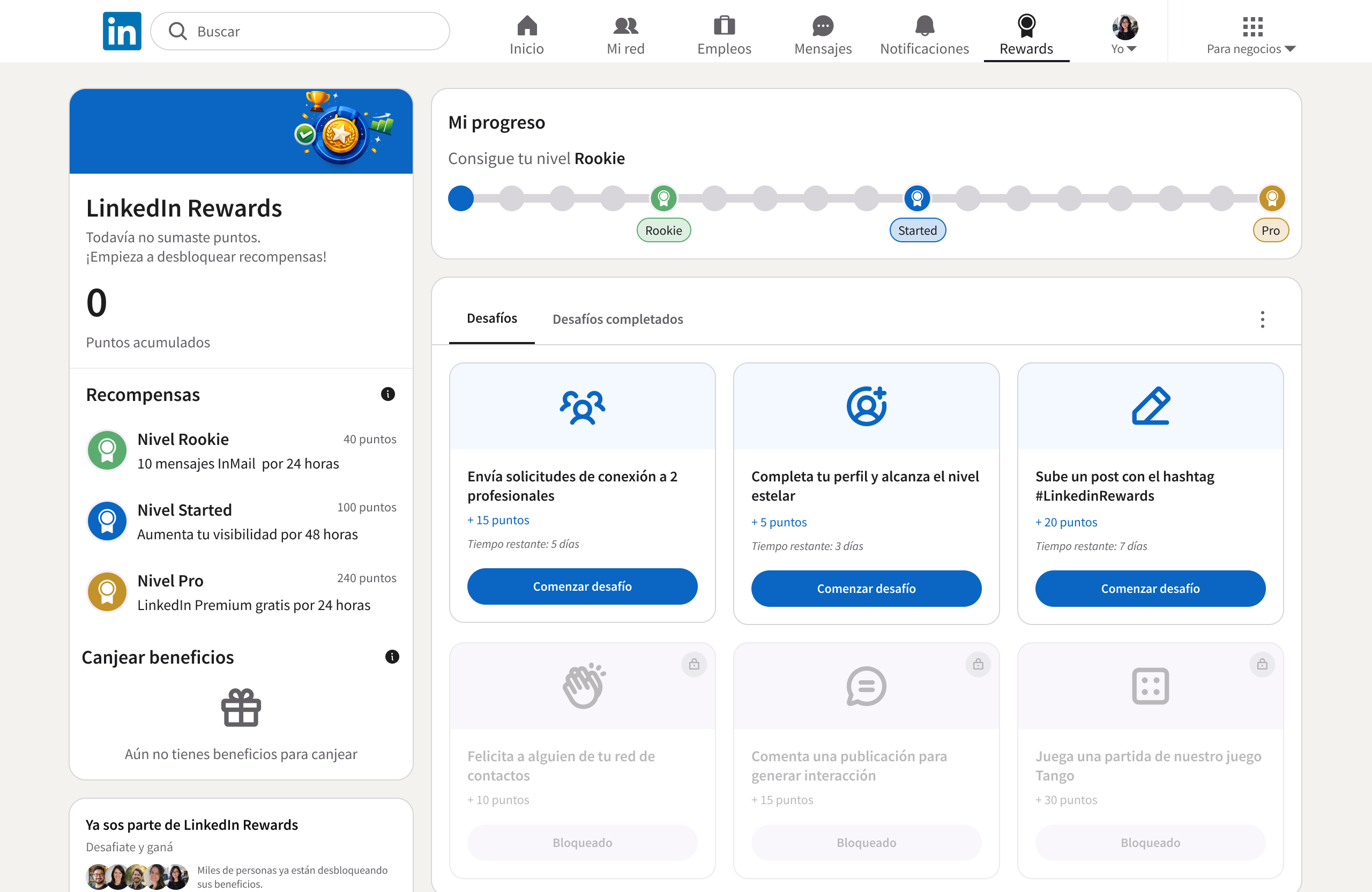 Página de LinkedIn Rewards que muestra el progreso de un usuario con 0 puntos acumulados.