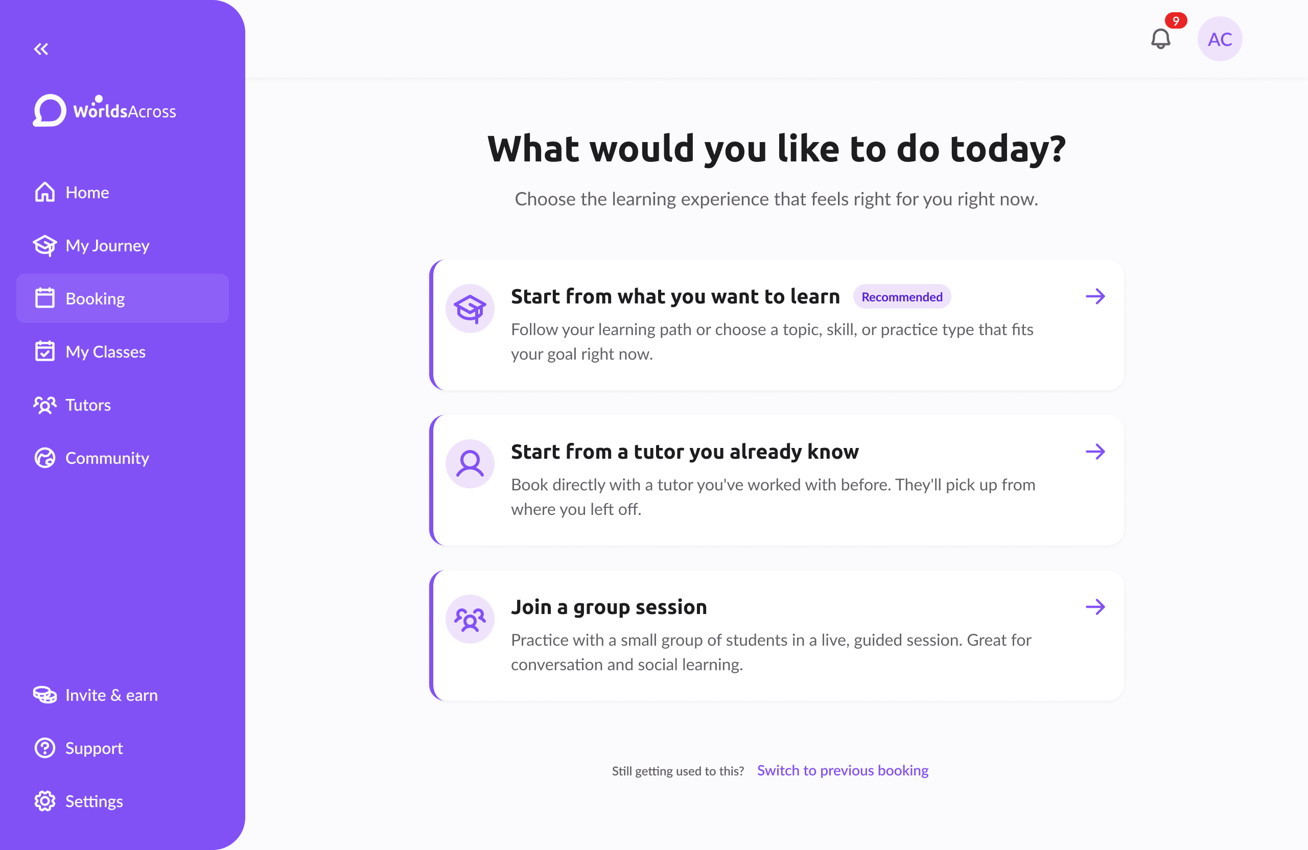 Pantalla de Entry Point del nuevo booking de WorldsAcross: “¿Qué te gustaría hacer hoy?” con tres opciones — empezar por lo que querés aprender, por un tutor conocido, o unirte a una sesión grupal.