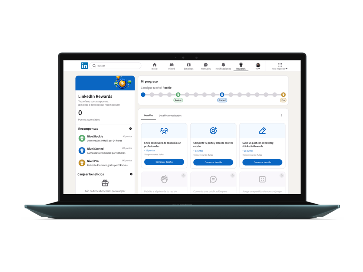 LinkedIn Rewards — pantalla de progreso y desafíos