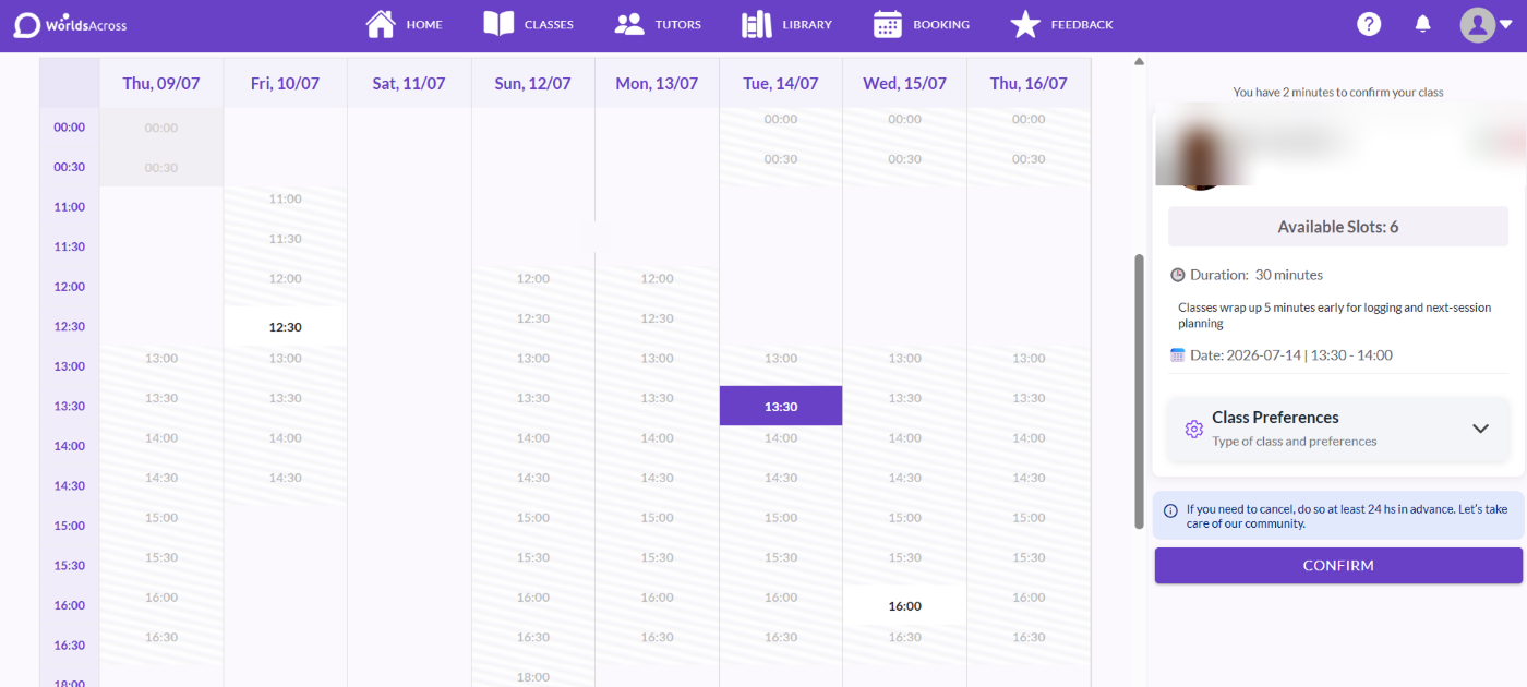 Captura del booking actual — grilla mostrando escasez de disponibilidad