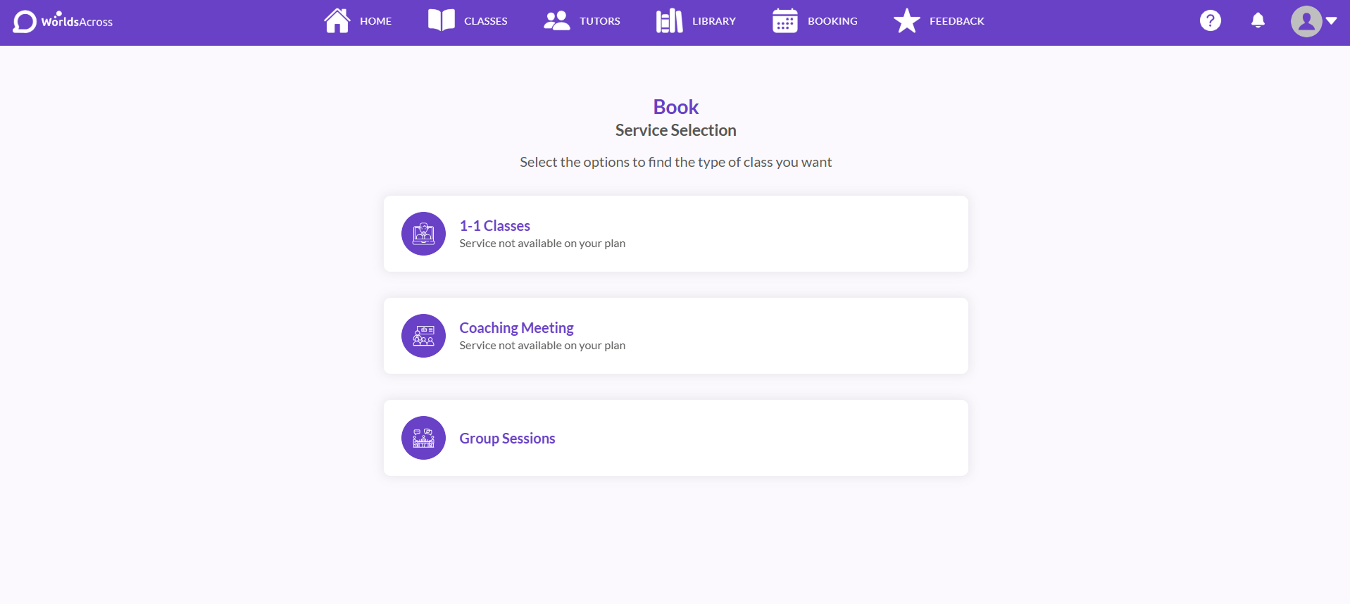 Captura del booking actual — entry point de selección de servicio