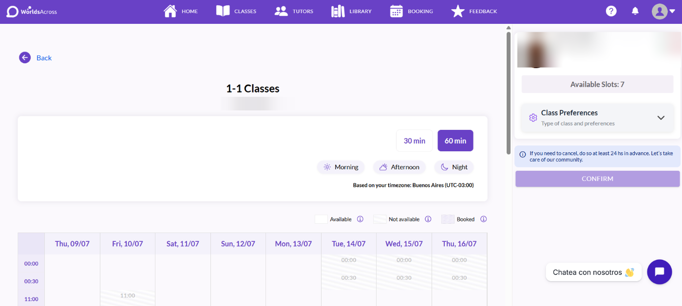 Captura del booking actual — selección de horario, duración y franja