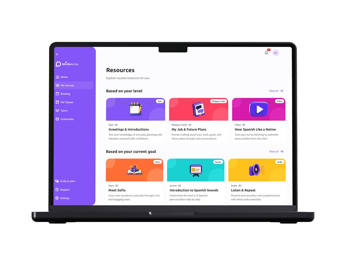 WorldsAcross — panel de recursos y clases